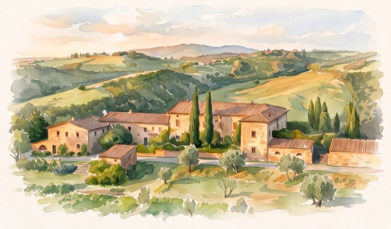 Aquarel van een Toscaanse villa tussen heuvels en cipressen